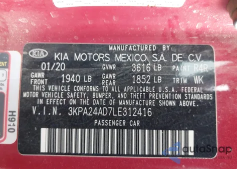 2020 Kia Rio S z USA, uszkodzony, nr VIN 3KPA24AD7LE312416
